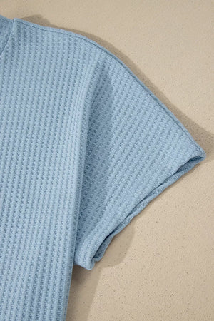 Waffle Knit Dolman Sleeve Loose Top in Light Blue, fabric detail