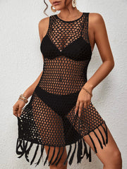 Black open-knit beach cover-up dress with fringe hem and sleeveless design.