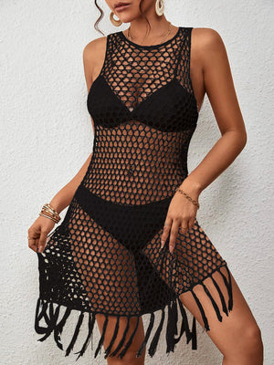 Black open-knit beach cover-up dress with fringe hem and sleeveless design.