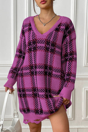 Fuchsia plaid knit mini dress with distressed hem and v-neck.