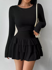 Ruched Long Sleeve Layered Ruffle Mini Dress in Red, view 12