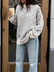 Light Gray Sailboat Jacquard Knit Sweater with crewneck and ribbed trim.