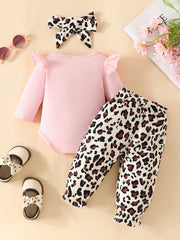 Pink long sleeve bodysuit with ruffled sleeves and leopard print pants with ruffled cuffs.