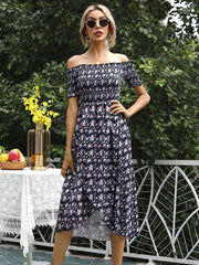Floral off-shoulder midi dress in dark navy with a ruffled hem and slit.
