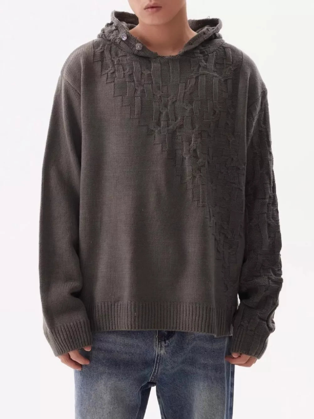 Men's Plus Size Long Sleeve Hooded Sweater in Black, front view