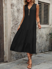 Black tiered midi sundress with V-neck and button detail