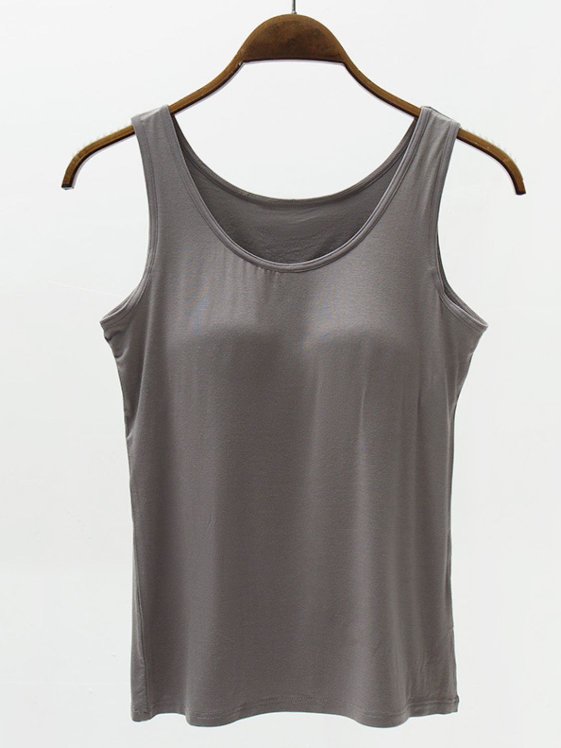 Gray modal tank top with scoop neckline and built-in support.
