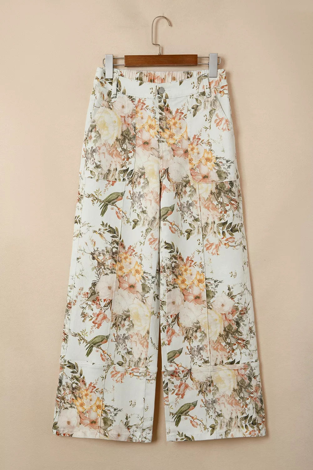 Vintage Floral Print High Waist Wide Leg Jeans, close-up detail