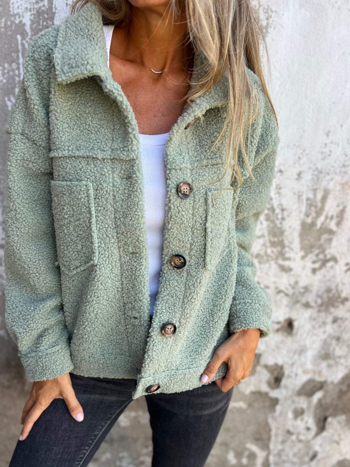 Textured sherpa utility jacket in Gum Leaf with button front and chest pockets.