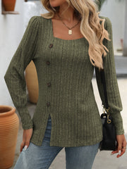 Army green ribbed knit top with square neckline and side button detail