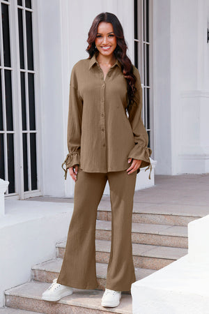 Textured tie-sleeve co-ord set in tan with button-up shirt and flare pants.