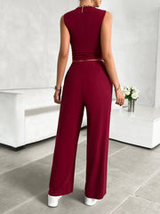 Burgundy ribbed crop top and wide-leg lounge pants set with a mock neckline.