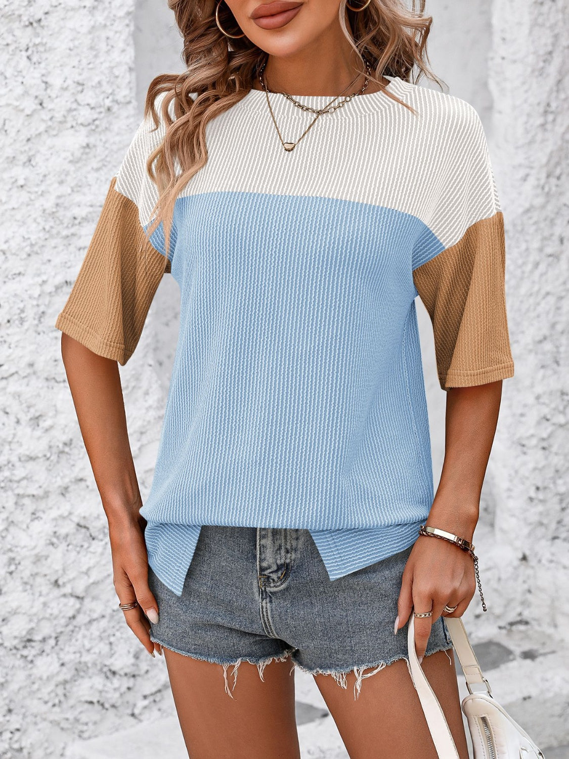 Mandy Color Pop T-Shirt in white, blue, and camel with short sleeves and a crew neck.
