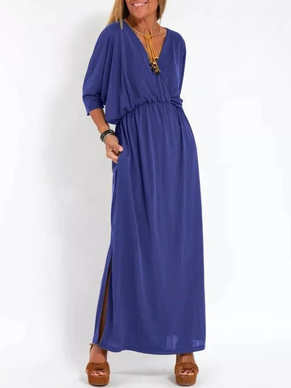 Dark Blue V-neck dolman sleeve maxi dress with side slits and elastic waist