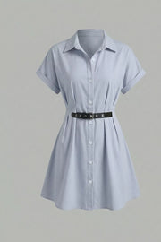 Button Up Short Sleeve Shirt Dress in Light Blue, model styling view