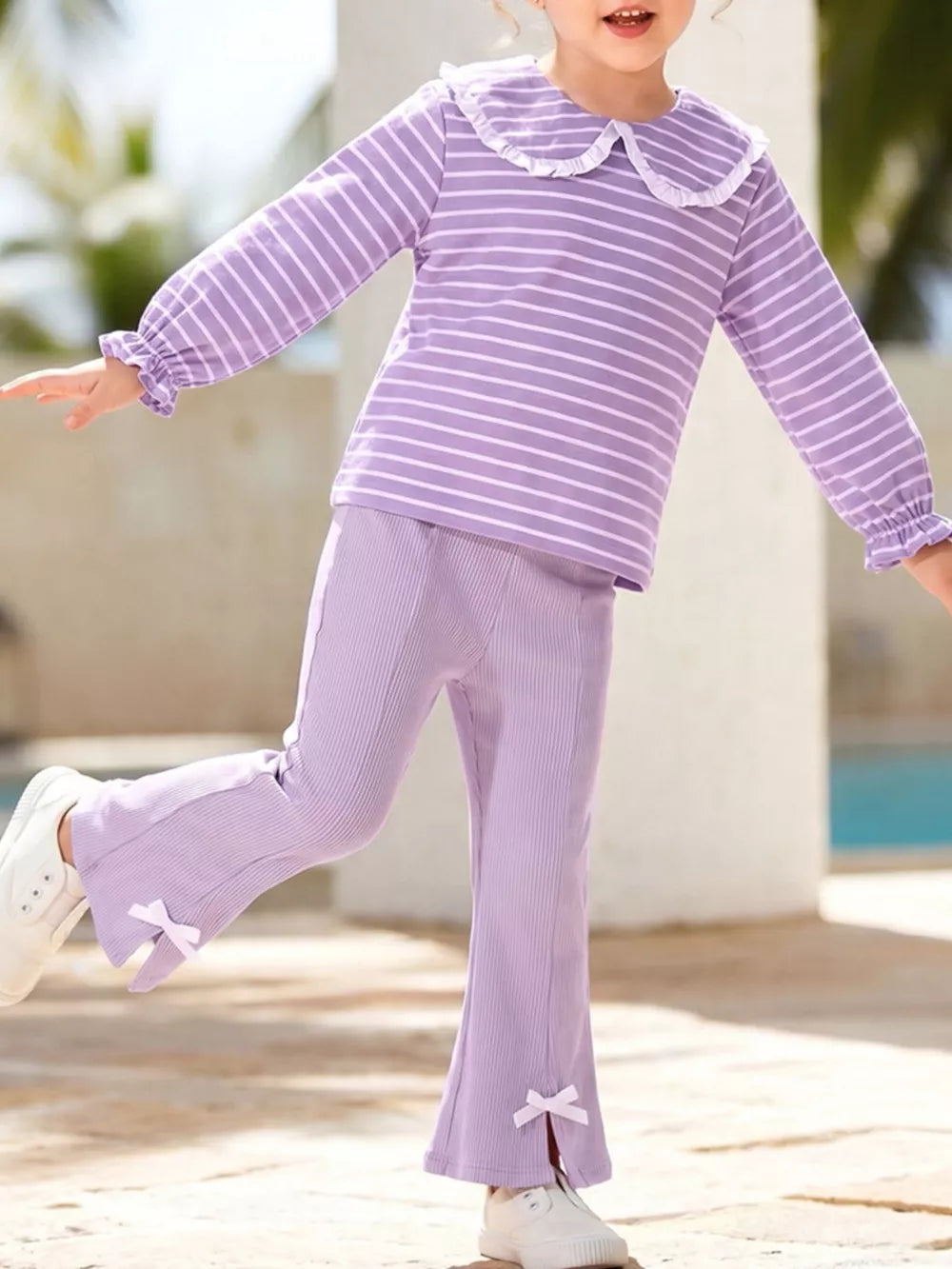 Children's Striped Ruffle Collar Top And Bow Flare Pants Set in Lavender, front view