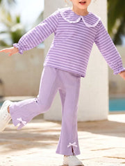 Children's Striped Ruffle Collar Top And Bow Flare Pants Set in Lavender, front view
