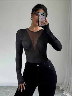 Black ribbed long sleeve bodysuit with plunging mesh neckline