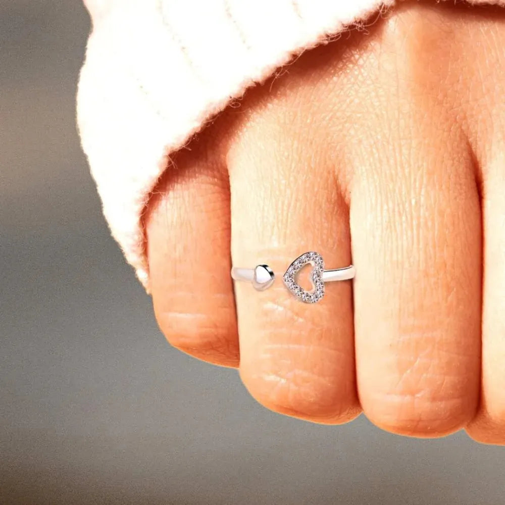 Silver open heart ring with pavé detail, adjustable