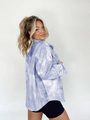 Cloud Wash Overshirt in Heliotrope Purple with patch pockets and tie-dye pattern.