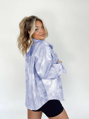 Cloud Wash Overshirt in Heliotrope Purple with patch pockets and tie-dye pattern.