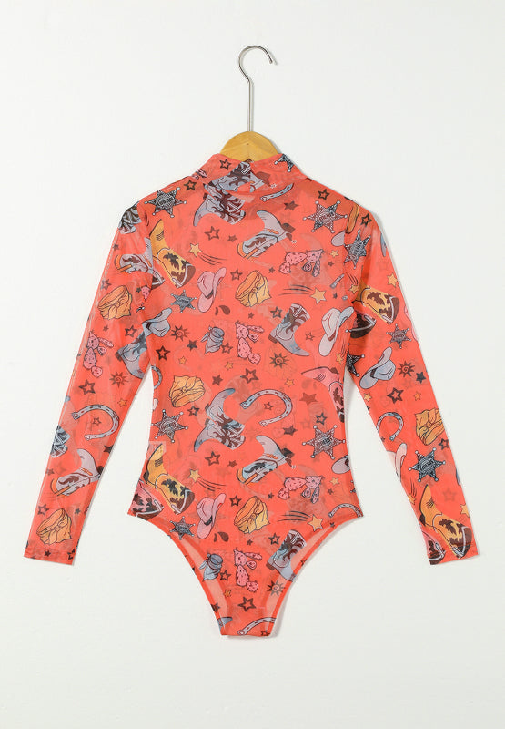 Orange mesh bodysuit with western print, long sleeves, and mock neck.