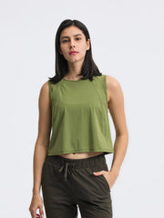 Moss green cropped active tank with mesh back detail and crew neck