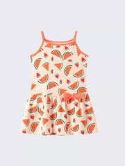 Toddler sundress with watermelon print, orange trim, and bow detail.