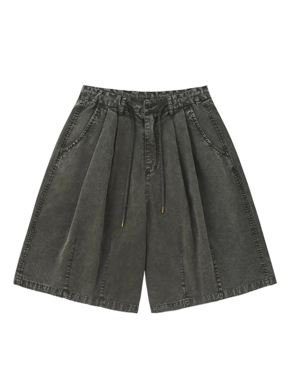 Dark gray cotton wide-leg chino shorts for men with drawstring waist and pleats.