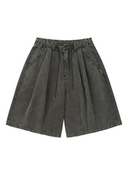 Dark gray cotton wide-leg chino shorts for men with drawstring waist and pleats.