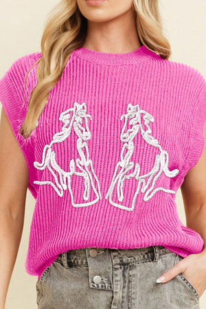 Fuchsia pink ribbed knit vest with white embroidered horses, crew neck, sleeveless.