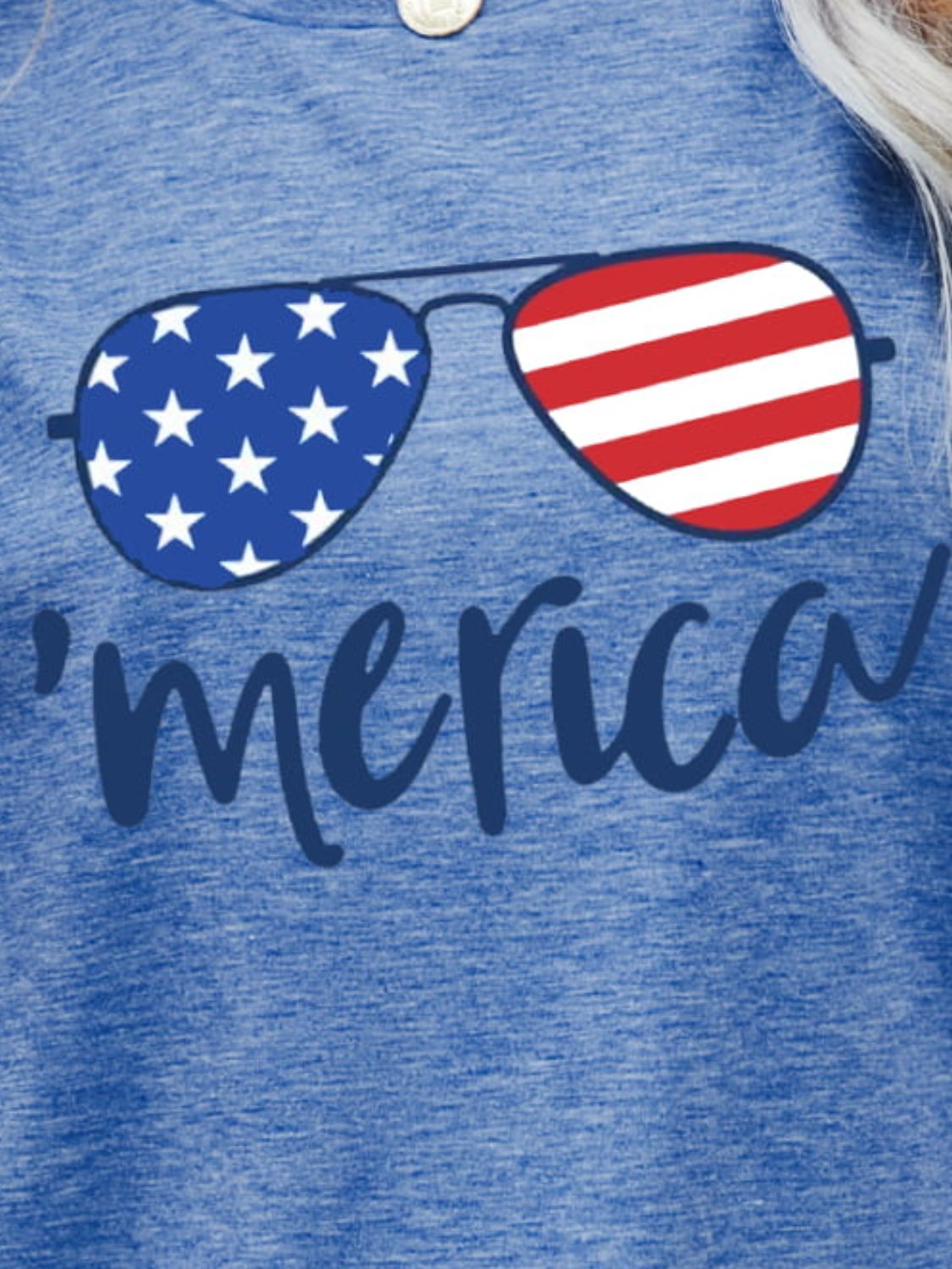 Cobalt blue heather t-shirt with patriotic sunglasses graphic and 'merica script.