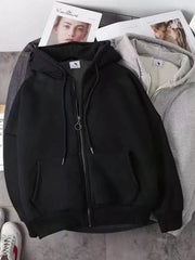 Black fleece-lined zip-up hoodie with drawstring hood and front pockets.