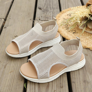 Open-toe sandals in ivory knit with a comfortable ankle cuff and white sole