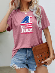 Dusty Pink graphic tee with 4th of July Independence Day print, crew neck, short sleeves.