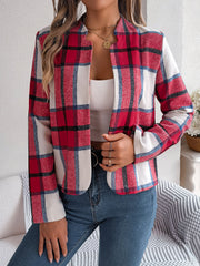 Collarless plaid cropped jacket in red, white, and blue, open front, long sleeves.