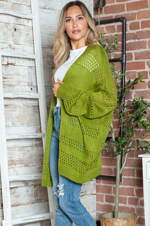 Open-knit slouchy cardigan in Matcha Green with wide sleeves and a relaxed fit.