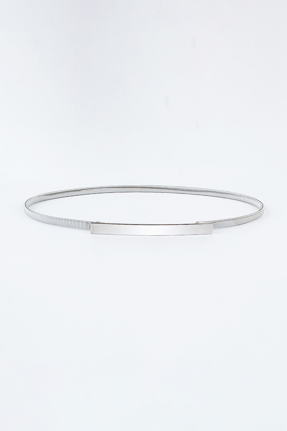 Slimline silver metal waist belt with a rectangular buckle detail.