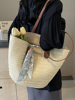 Straw Woven Shoulder Bag in Beige White, front view