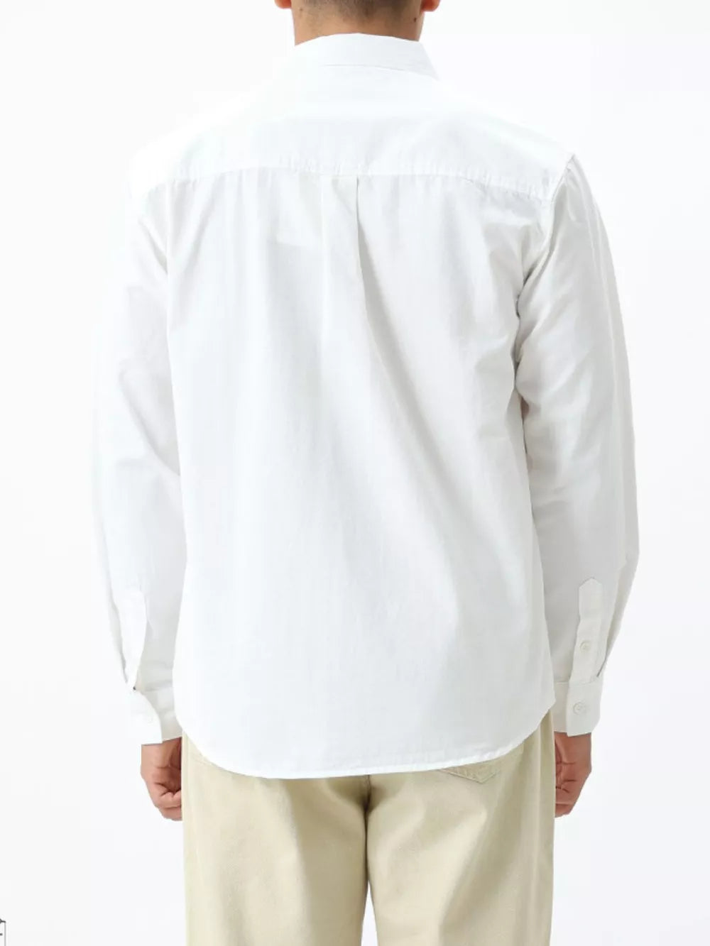 Men's white cotton button-down shirt with long sleeves and button cuffs, shown from the back.