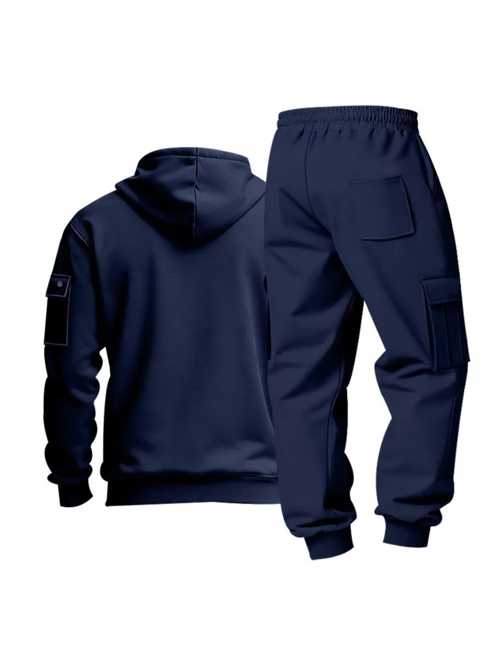 Navy blue men's hoodie and cargo sweatpants set with pocket details.