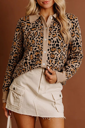 tan cardigan with leopard-print and collared