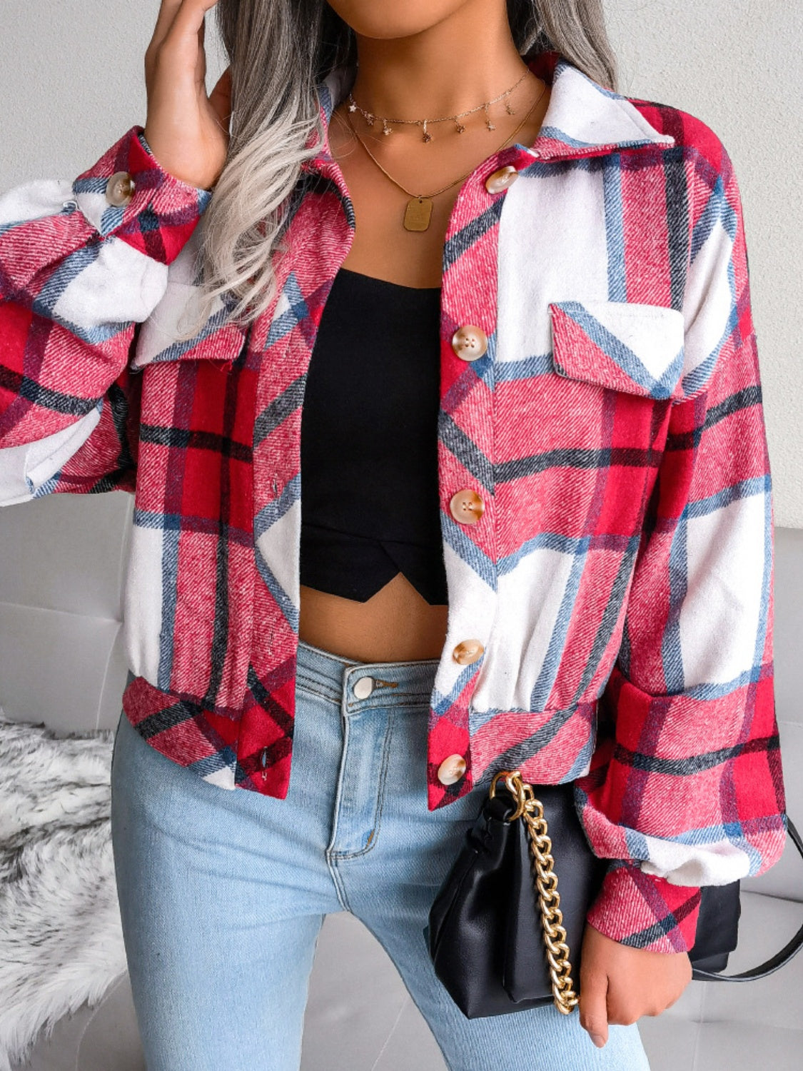Oversized red, white, and blue plaid shacket with patch pockets and button front.