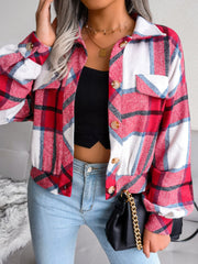 Oversized red, white, and blue plaid shacket with patch pockets and button front.