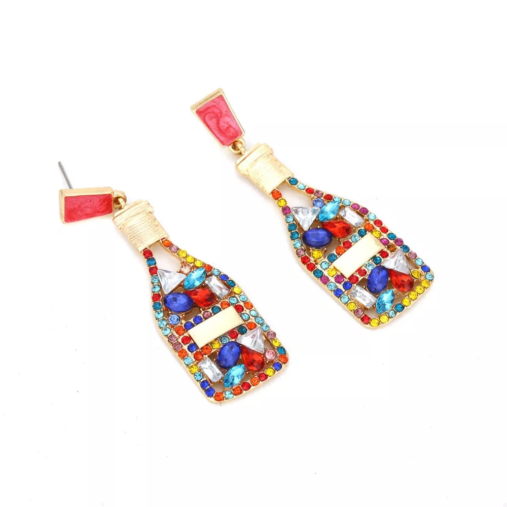 Champagne bottle drop earrings with colorful rhinestones and red tops.