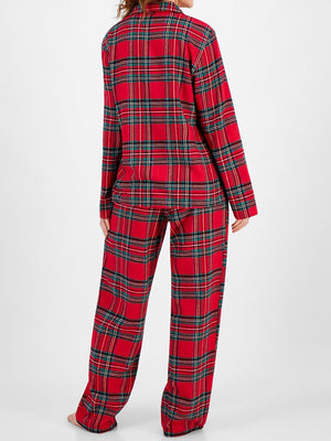 Crimson plaid pajama set in 100% polyester, featuring a collared long-sleeve top and wide-leg pants.