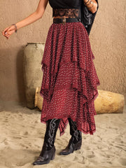 Burgundy tiered midi skirt with white polka dots and lace trim.