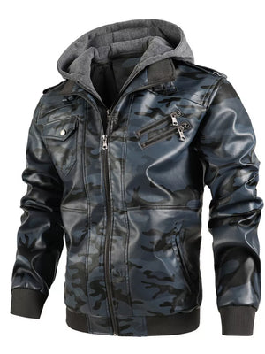 Men's faux leather moto jacket with hoodie in camouflage blue, featuring zippered pockets and button-down details.