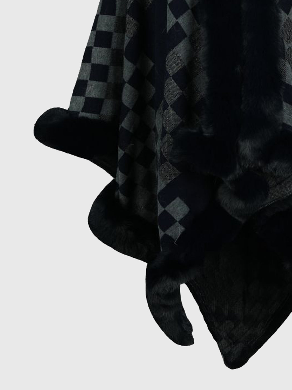 Charcoal diamond checkered poncho with faux fur trim detail