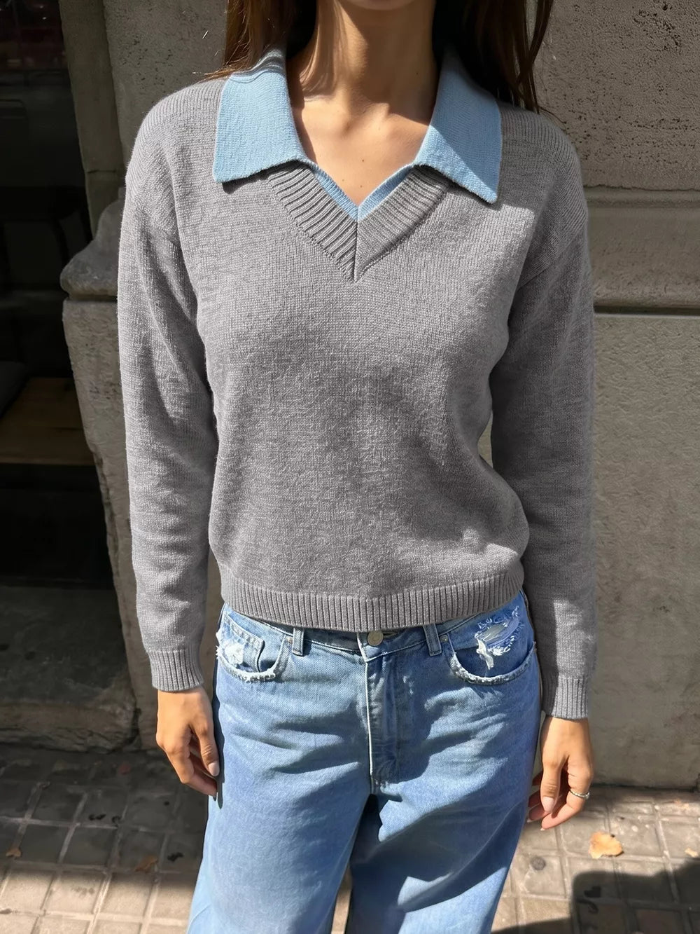 Contrast Collar Dropped Shoulder Sweater in Gray, side view